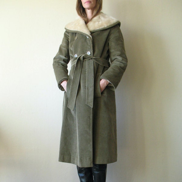 1970s Corduroy and Shearling hooded trench coat / m