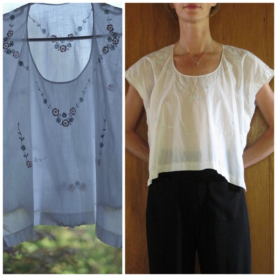 1930s antique EMBROIDERED sheer cotton boxy blouse