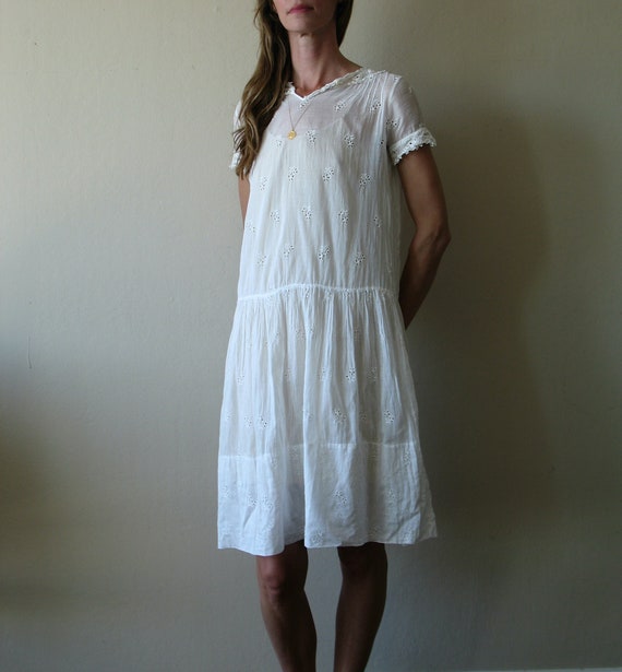 antique white cotton eyelet lace drop waist dress… - image 1