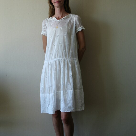 antique white cotton eyelet lace drop waist dress… - image 3