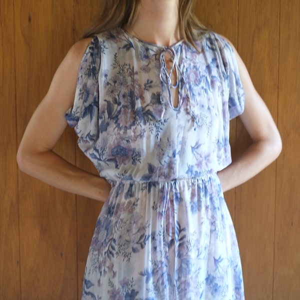 1970s lilac floral chiffon split sleeve dress XS