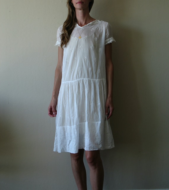 antique white cotton eyelet lace drop waist dress… - image 2