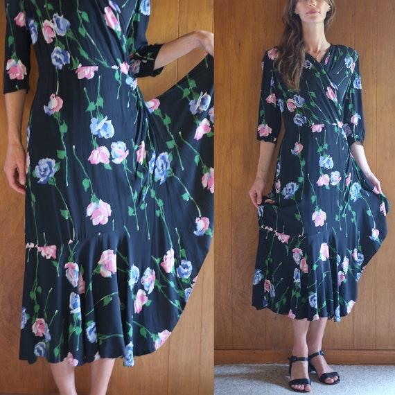 1940s black floral strong shoulder rayon wrap dres