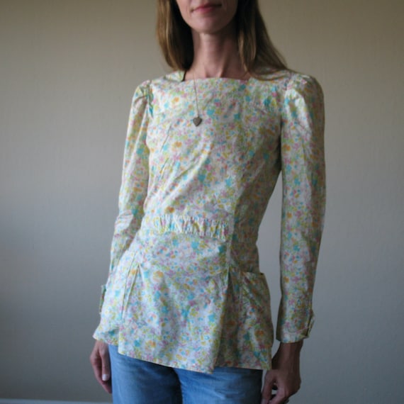 1970s Cacharel Paris floral square neck blouse wi… - image 1