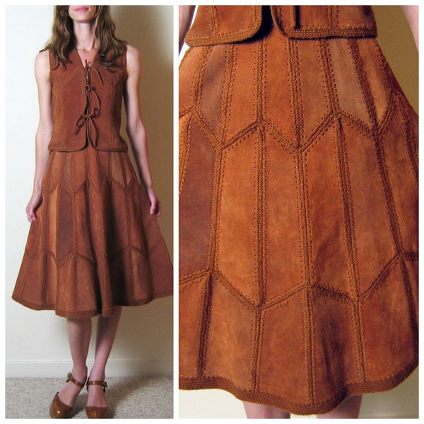 vintage 1970s RUST SUEDE PATCHWORK skirt and vest set, s