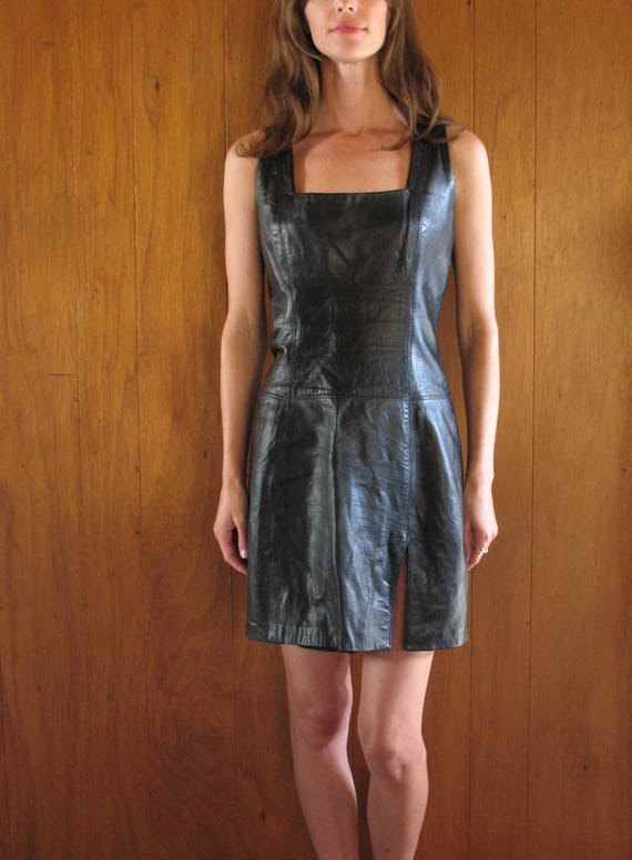 black ITALIAN LEATHER SQUARE neck mini dress, m