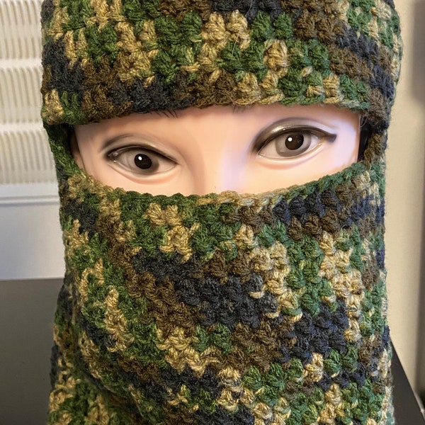 Hand crocheted Mens balaclava/ski mask. Tapered Extra long neck! Warm! Camo