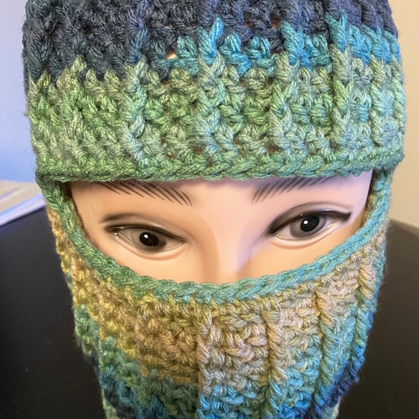 Hand crocheted ribbed balaclava/ski mask. Tapered Extra long neck! Warm!