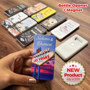 Recuerdos de boda personalizables con temática de Las Vegas para invitados, recuerdo de boda, regalo para invitados, imán abrebotellas con nueva forma, recuerdos de boda