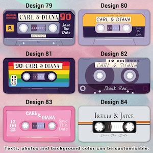 May include: A collection of cassette tape designs with customizable text and colors. Designs include names and dates, with phrases like "Save the Date" and "Thank You". The tapes feature various color schemes, including black, pink, and rainbow.