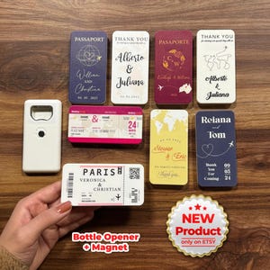 Aanpasbare trouwbedankjes in bulk, bruiloftssouvenir, cadeau voor gasten, flesopener + magneet, paspoortthema, ticketthema, reisthema