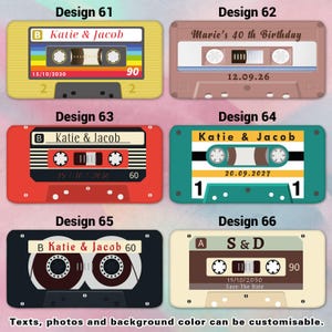 May include: A collection of six cassette tape designs with customizable text and background colors. Each design features names, dates, and numbers. The designs include a yellow, brown, red, teal, black, and beige cassette tape.