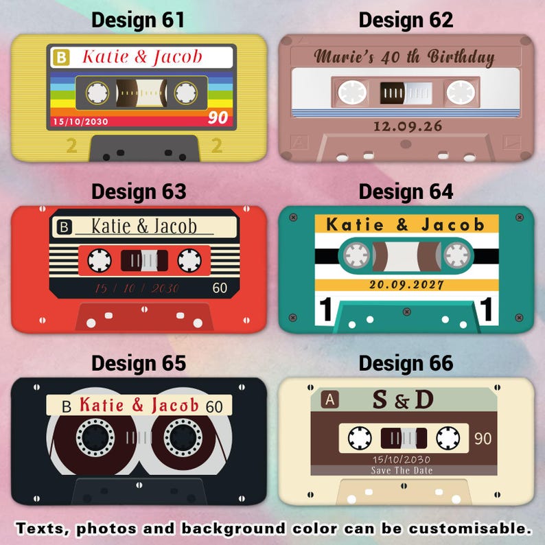 May include: A collection of six cassette tape designs with customizable text and background colors. Each design features names, dates, and numbers. The designs include a yellow, brown, red, teal, black, and beige cassette tape.