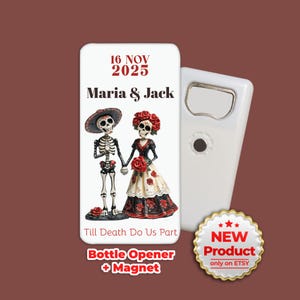 Tema "Hasta que la muerte nos separe", regalos de boda personalizables al por mayor para invitados, recuerdos de boda con nueva forma, abrebotellas + imán, esqueleto