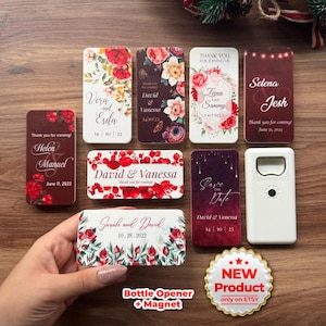 Recuerdos de boda personalizables para invitados, recuerdos de boda con nueva forma, abrebotellas e imán, regalo para invitados, recuerdos, rojo y burdeos