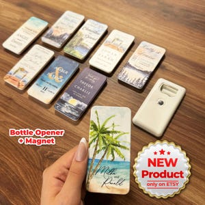 Recuerdos de boda con imán personalizable para invitados, nuevo diseño de recuerdo de boda, abrebotellas, regalo para invitados, nuevo modelo de abrebotellas + imán.
