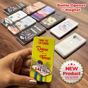 Recuerdos de boda personalizables con temática de Las Vegas para invitados, recuerdo de boda, regalo para invitados, imán abrebotellas con nueva forma, recuerdos de boda