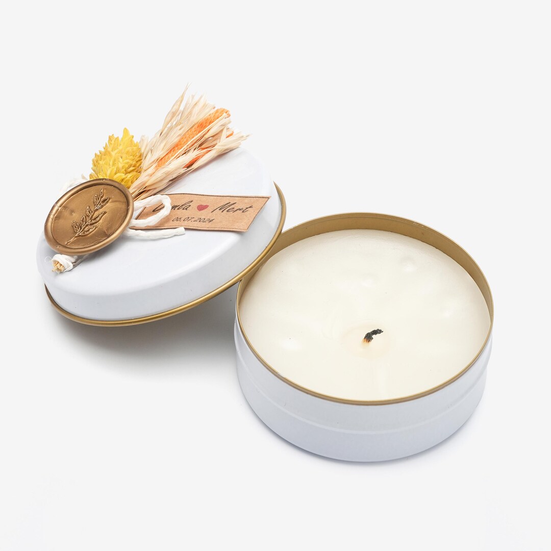 Personalized Wedding Favor Candle • Scented Soy Wax, Dried Flower Tin ...