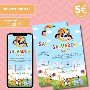 Może przedstawiać: Cyfrowe zaproszenie na przyjęcie urodzinowe dla 3-latka. Zaproszenie przedstawia kreskówkowego pandę i inne zwierzęta. Tekst na zaproszeniu brzmi "Salvador 3 anos" i "Esperamos por ti!" co tłumaczy się jako "Czekamy na Ciebie!"