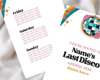 Last Disco - Modello pacchetto 8 giochi per addio al nubilato - Include invito e itinerario - Modelli digitali personalizzabili - Disco retrò