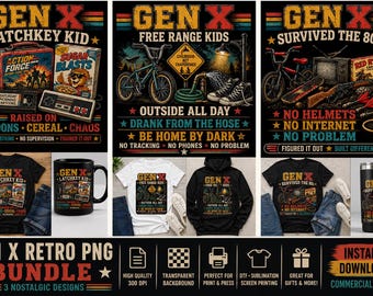 Gen X PNG Bundle, 80s Retro Latchkey Kid, Free Range Kids Designs (Digital Download)