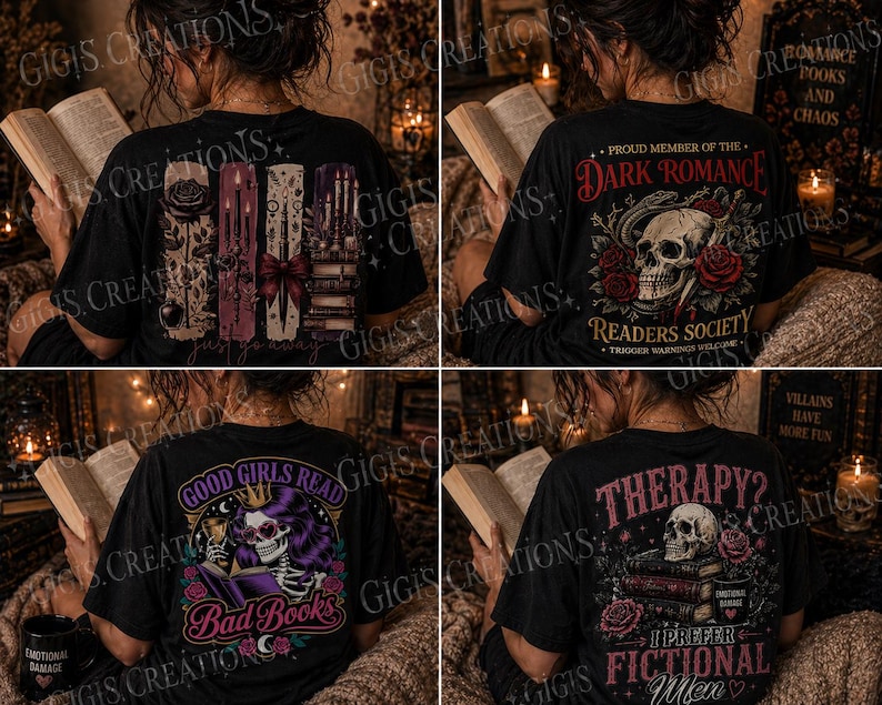 May include: Black t-shirts with gothic book-themed designs. One shirt features a skull with roses and the text "Proud Member of the Dark Romance Readers Society." Another says "Good Girls Read Bad Books." The third says "Therapy? I Prefer Fictional Men."