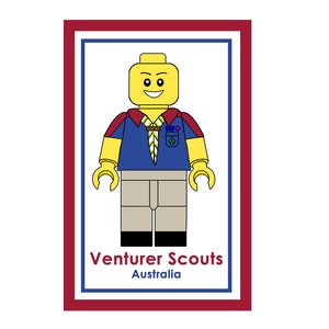May include: A Lego minifigure wearing a blue and red Venturer Scouts uniform with a yellow face and a smile. The text "Venturer Scouts Australia" is below the figure.
