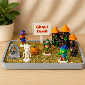 Halloween Malbares Spielset für Kinder - Spukschloss, Hexe, Skelett, Zombie, Vogelscheuche, Grabstein, Kürbisse, schwarze Katze - 3D gedruckt