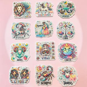 May include: A set of twelve holographic stickers featuring colorful illustrations of the zodiac signs Leo, Sagittarius, Pisces, Capricorn, Aquarius, Libra, Aries, Virgo, Cancer, Gemini, Scorpio, and Taurus, each labeled with its respective name.