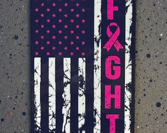 Fight Cancer Awareness Sticker – American Flag with Pink Stars & Ribbon – Breast Cancer Support Decal