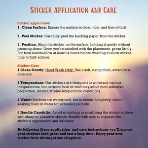 May include: A sticker application and care guide with instructions on how to apply and care for stickers. The guide includes tips on cleaning the surface, peeling the sticker, positioning the sticker, cleaning the sticker, temperature considerations, water exposure, and handling the sticker.
