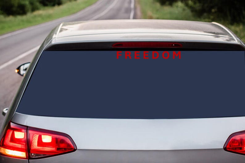 May include: Rear view of a silver car with a dark blue tinted rear window. The word "FREEDOM" is displayed in red lettering across the top of the window. The car is on a road with a green background.