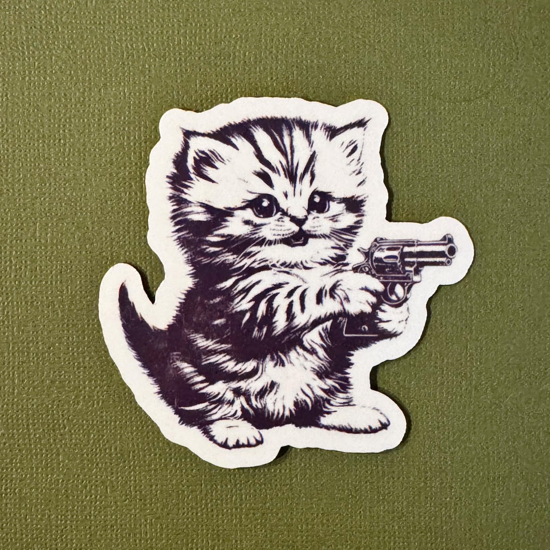 Kitten Holding a Gun Sticker, Waterproof Sticker, Cat Sticker - Etsy