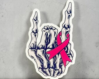 Cancer Awareness Sticker – Skeleton Hand “Rock” Sign with Pink Ribbon – Survivor & Support Decal
