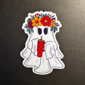 Boho Ghost Sticker with Flower Crown and Tumbler – Cute Aesthetic Vinyl Sticker, Halloween & Fall Decor