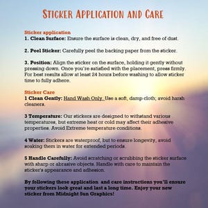 May include: A white background with text in orange and black, providing sticker application and care instructions. The text details how to clean the surface, peel the sticker, position it, and care for it. The instructions also include a note about the sticker's temperature and water resistance.