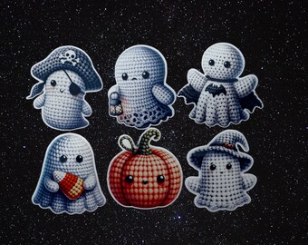 Crochet Ghost Stickers, Halloween Sticker Pack (Set of 6)