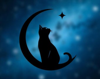 Cat Moon Star Vinyl Decal: Car, Laptop, Water Bottle Decals