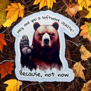 May include: A sticker with a brown bear with a grumpy expression. The bear is holding up its paw and the sticker says "Hey, are you a software update? Because, not now."