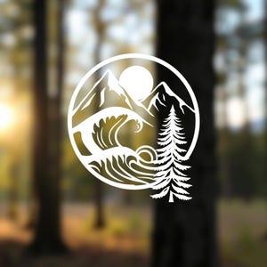 Mountain, Waves, Tree, Sun Decal | Outdoor Lover Decal | Adventure Gift | Vehicle Tattoo for Outdoor Lovers