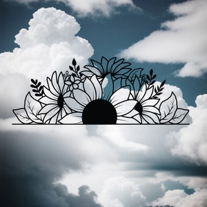 May include: Black and white silhouette of a bouquet of sunflowers and other flowers against a cloudy sky background.