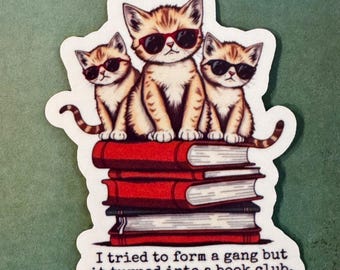 Book Club Cats Waterproof Sticker: Funny Bookish Gift