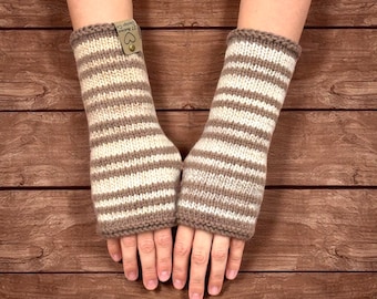 Wool knit fingerless gloves, hand warmer, long arm warmer, texting mittens, striped winter fashion