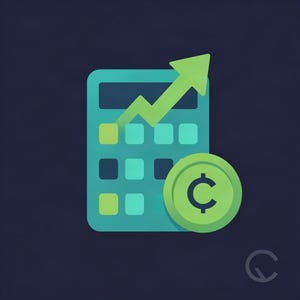 May include: A teal calculator icon featuring a bright green upward-pointing arrow graph overlay. A circular light green coin symbol with a dark cent sign is positioned in the lower right corner. The design uses flat shapes against a dark background.