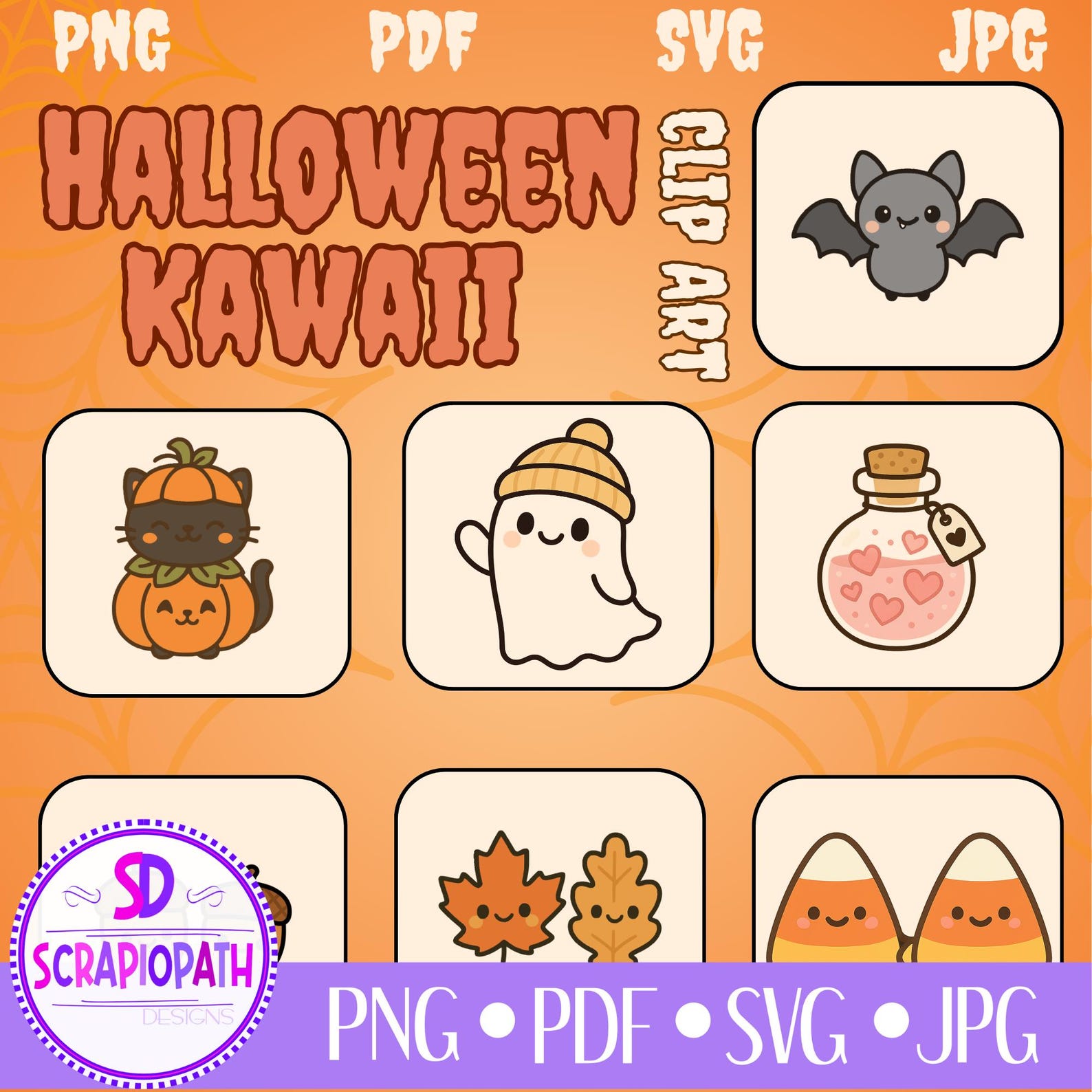 Halloween Kawaii Clipart Bundle PNG SVG Jpg Pdf Cute Ghost, Pumpkin Cat ...