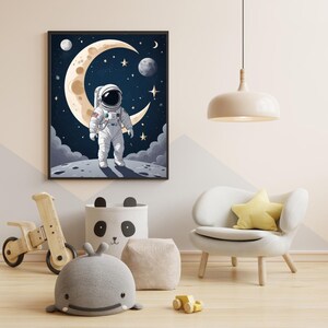 8 Astronaut Nursery Wall Art – Moon and Stars Space Theme Print, Cosmic Galaxy Decor for Kids Room, Outer Space Adventure Poster