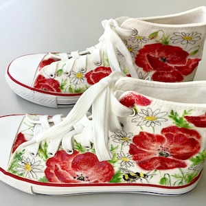 Stunning Hand Painted White Lace Up High Top Canvas Trainers With Floral Design of Poppies , Daisies and Bumble Bees - sizes 3 4 5 6 7 8