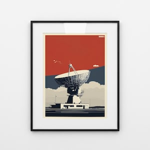 Könnte beinhalten: Gerahmter Kunstdruck mit einer stilisierten Illustration einer großen Radioteleskopschüssel vor rotem und blauem Himmel. Das Kunstwerk hat eine Retro-Ästhetik mit minimalistischem Design und einer kräftigen Farbpalette.