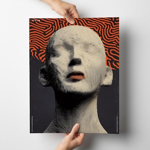 May include: A poster featuring a stylized human head with a textured, line-art design. The head is a light beige color with orange lips and a dark gray background. The top of the poster has an orange and black abstract pattern. The word "GOIM" is at the top.