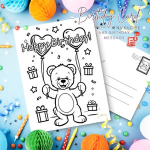 Cartão de aniversário divertido e criativo para crianças – Cartão para colorir para imprimir com envelope - Download DIGITAL - Cartão de feliz aniversário para imprimir - pdf